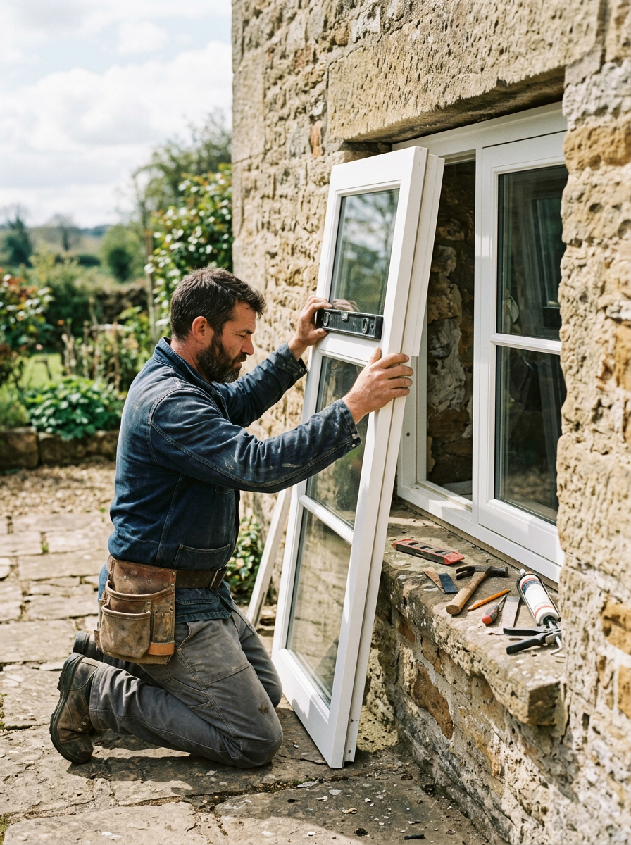 Un menuisier-poseur à genoux devant une maison en pierre, en train de présenter une fenêtre blanche dans son ouverture.