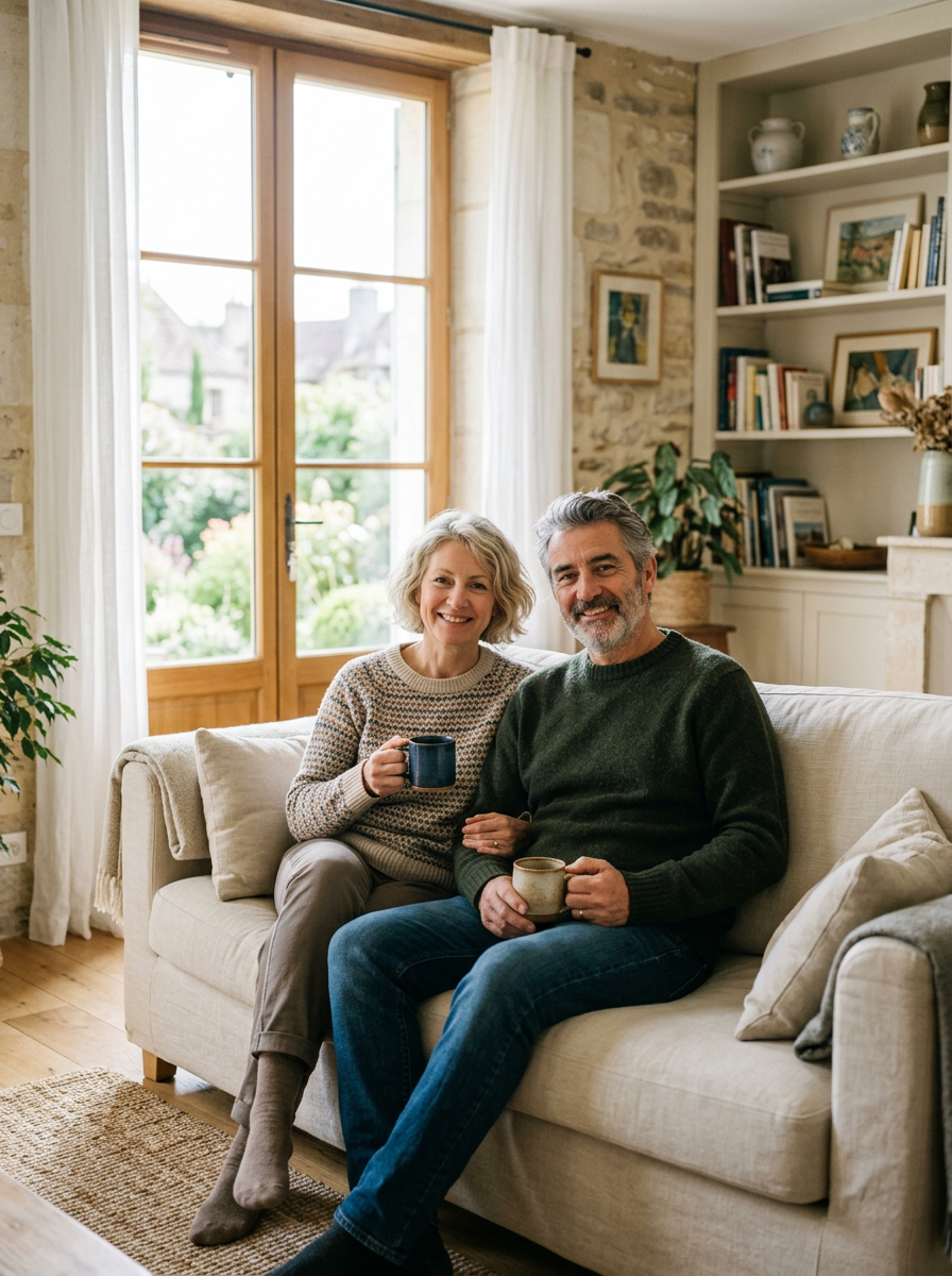 Un couple assis sur un canapé dans son salon en pierre, une tasse à la main, devant une porte-fenêtre en bois.