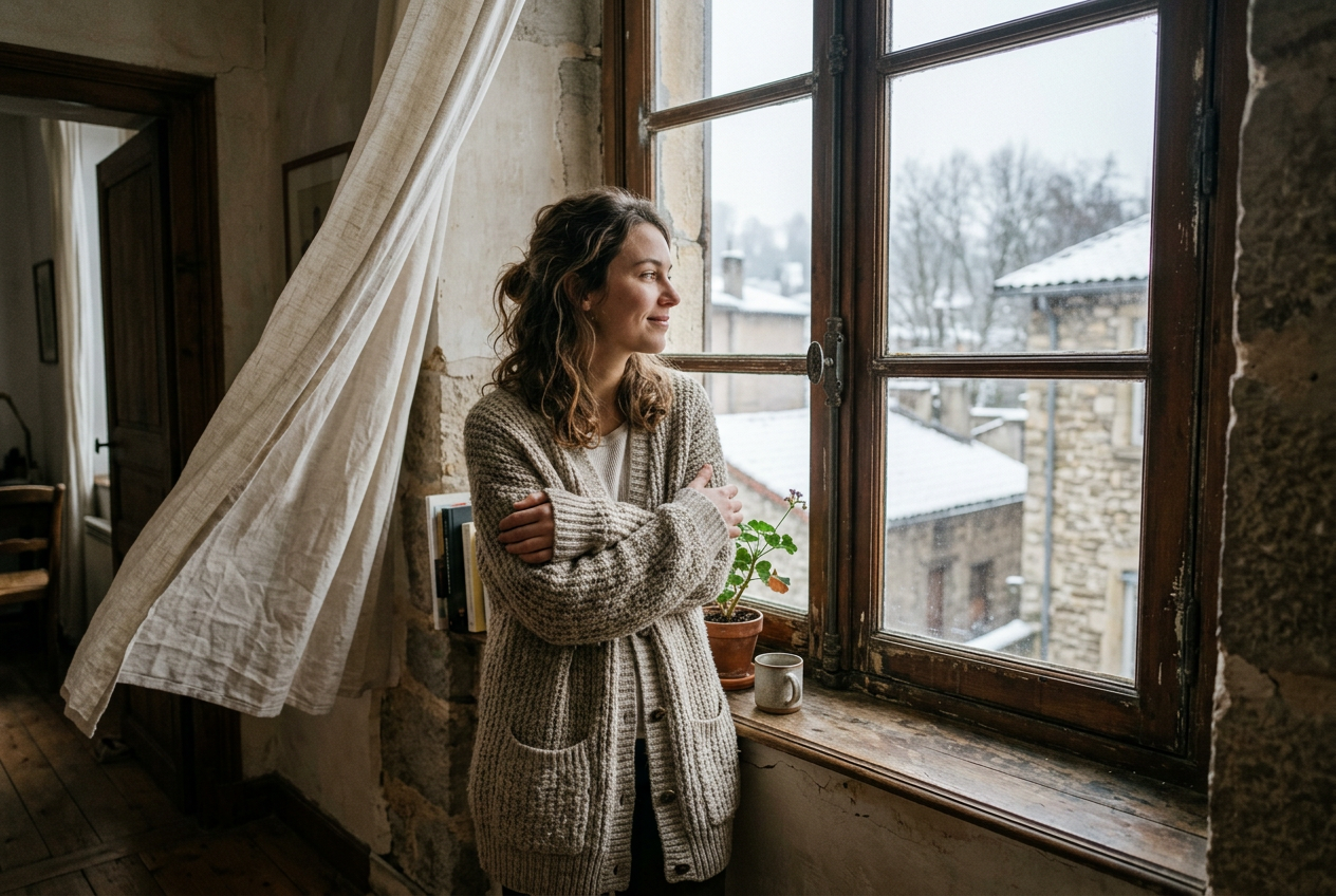 Une femme en gilet, les bras croisés, regarde la neige par une vieille fenêtre pendant qu’un rideau se soulève.