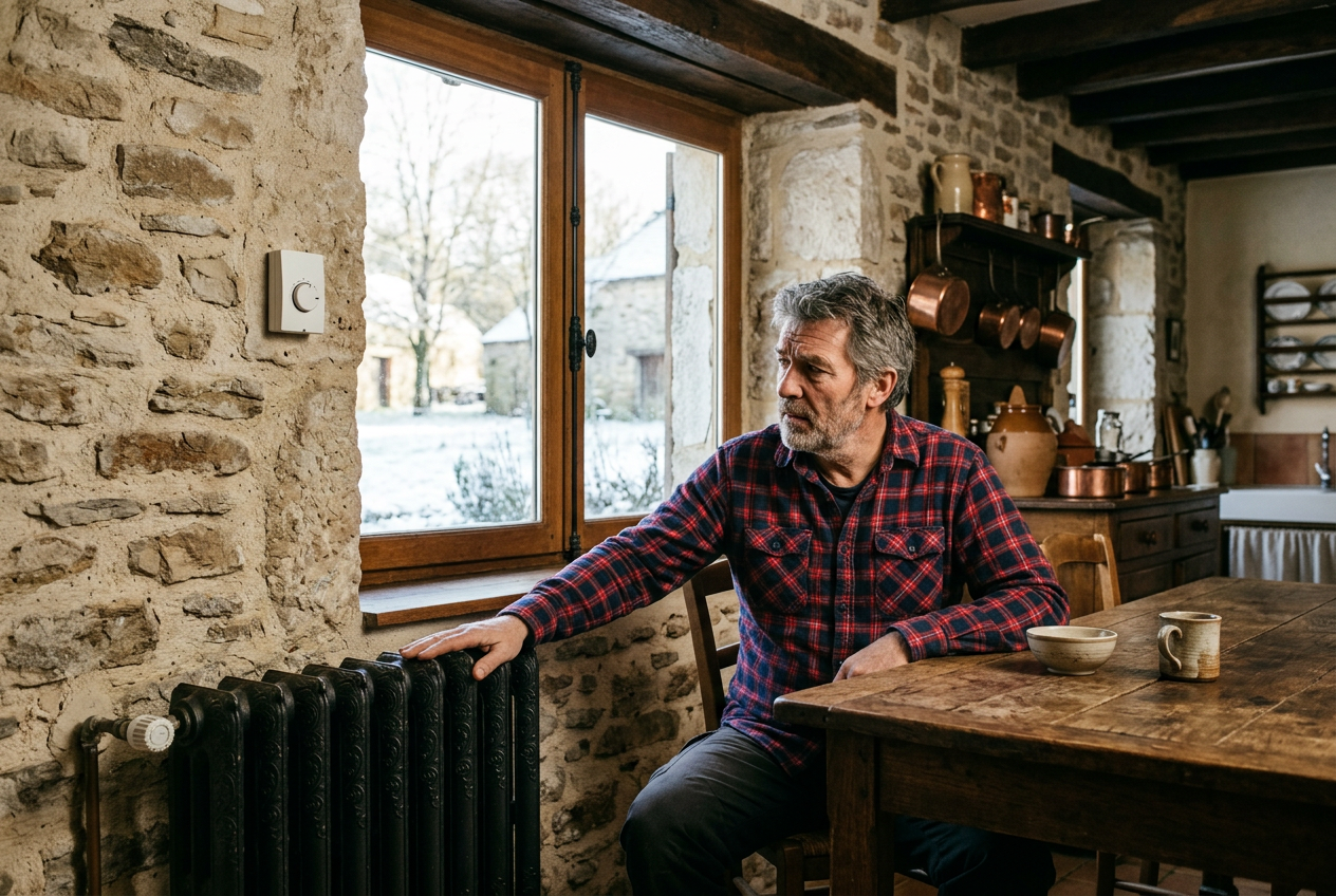 Un homme assis dans sa cuisine en pierre pose la main sur un radiateur en fonte, près d’une fenêtre en bois.