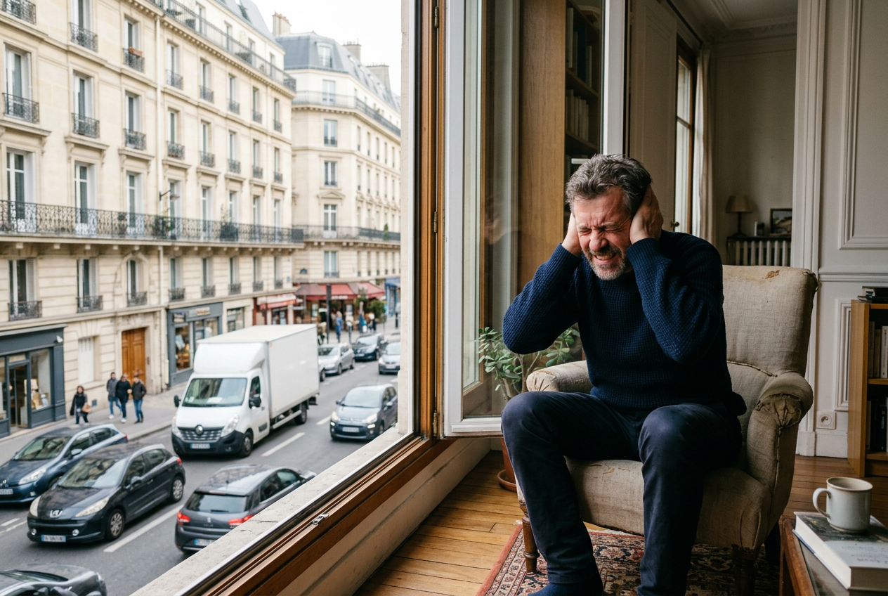 Un homme se bouche les oreilles dans son salon, devant une fenêtre ouverte sur une rue passante.