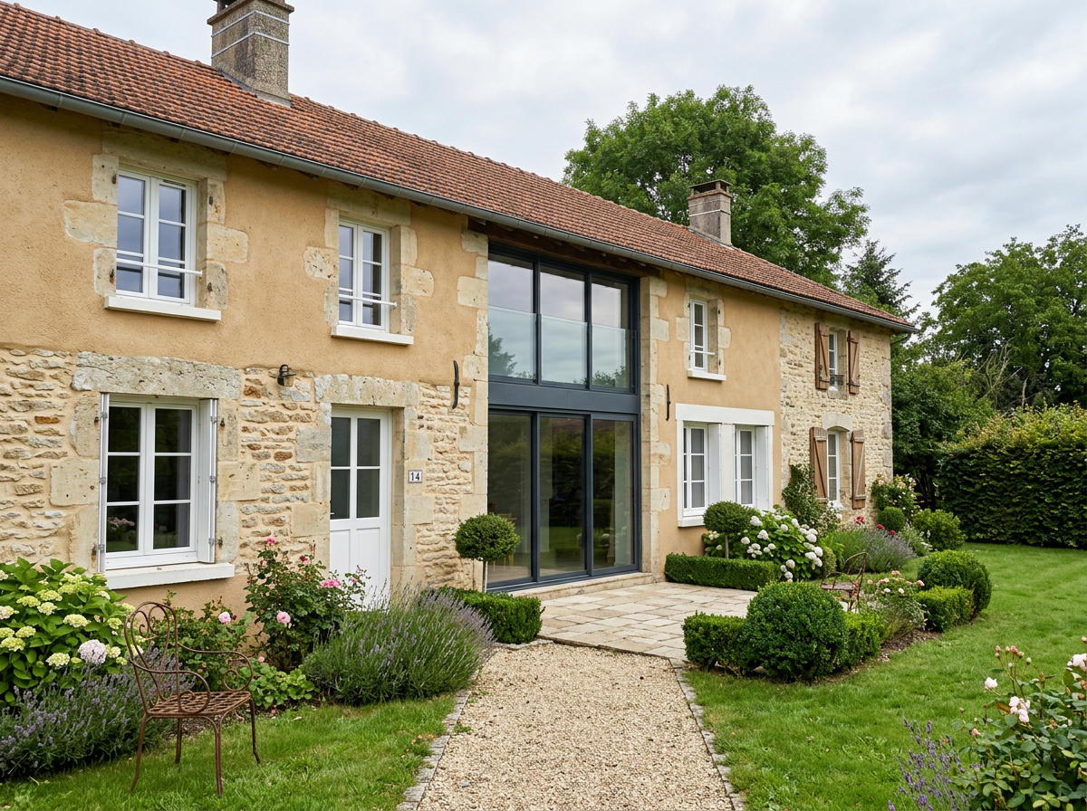 Une grande baie vitrée en aluminium gris anthracite sur la façade d’une maison de pierre, avec des fenêtres blanches en PVC à côté.