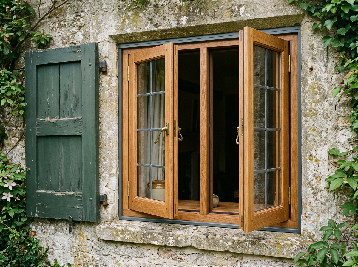 Une fenêtre en bois et aluminium à deux vantaux ouverte dans un mur de pierre, avec un volet vert à côté.